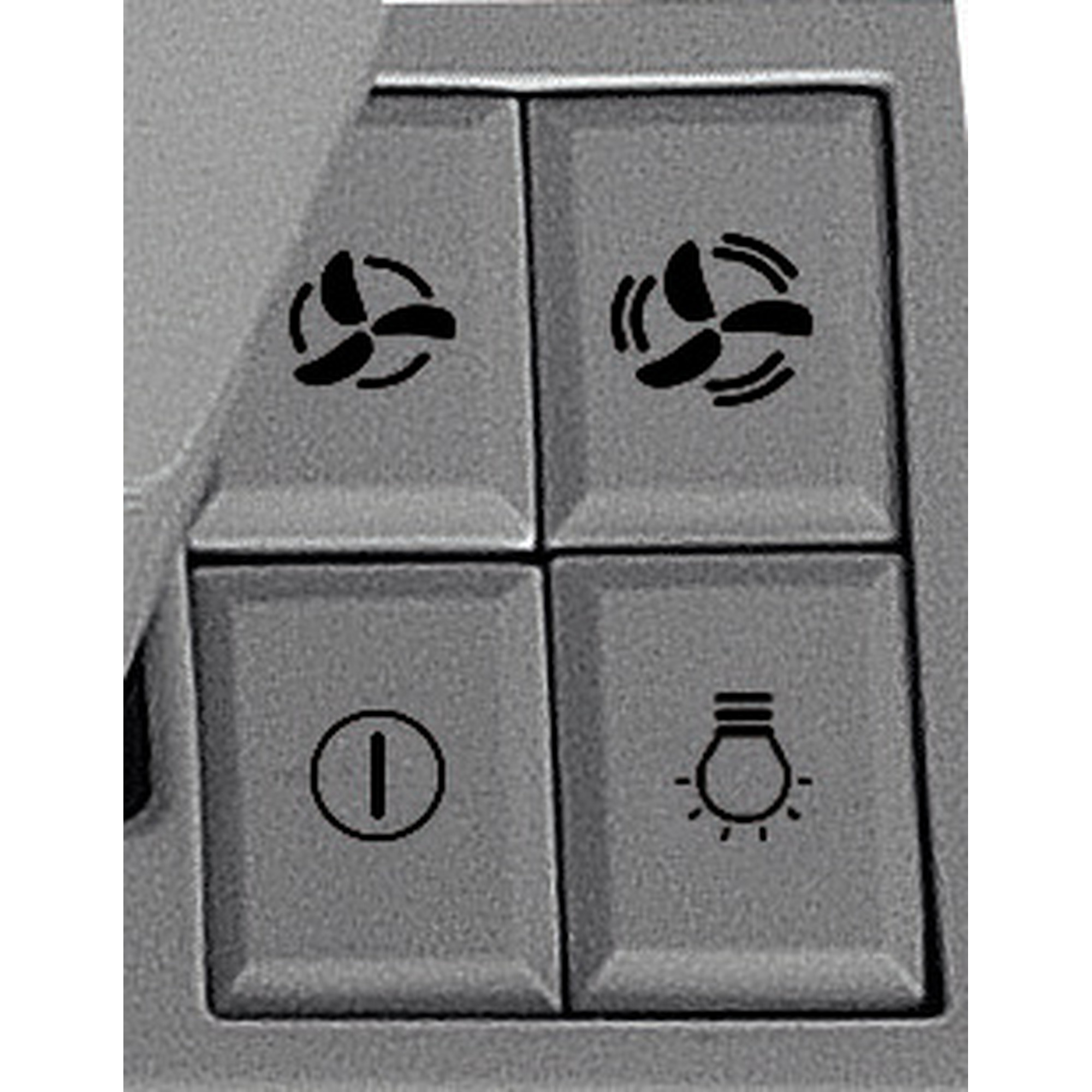 Nahaufnahme von grauen Steuertasten: Lüftersymbole, Ein-/Aus-Taste und ein Glühbirnensymbol.
