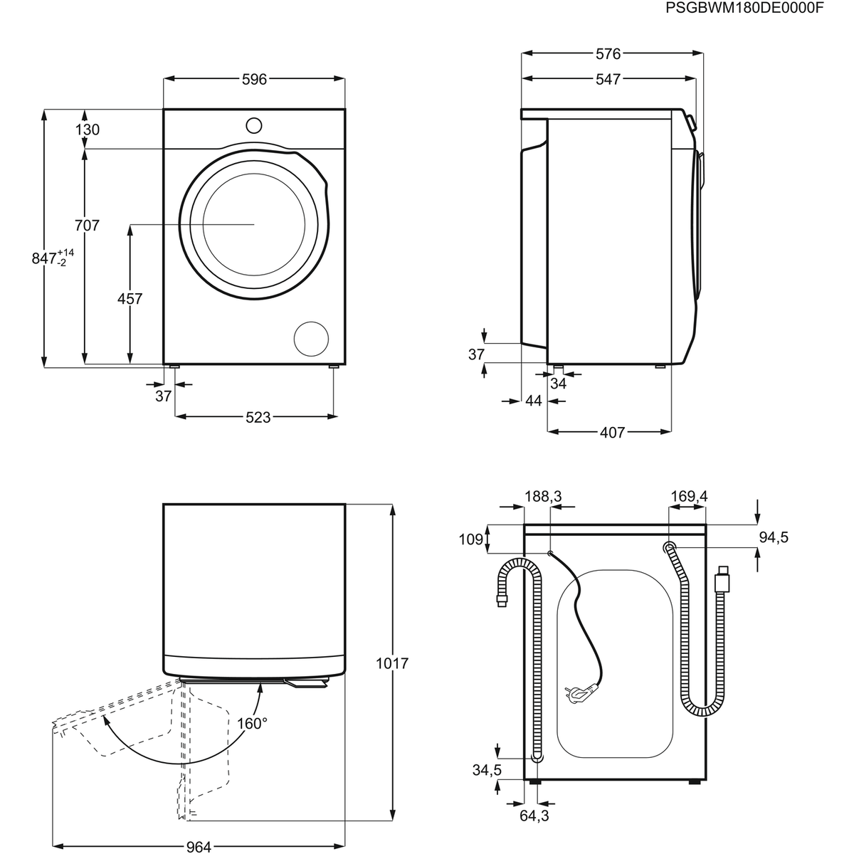 Technische Zeichnung mit Abmessungen einer Waschmaschine.