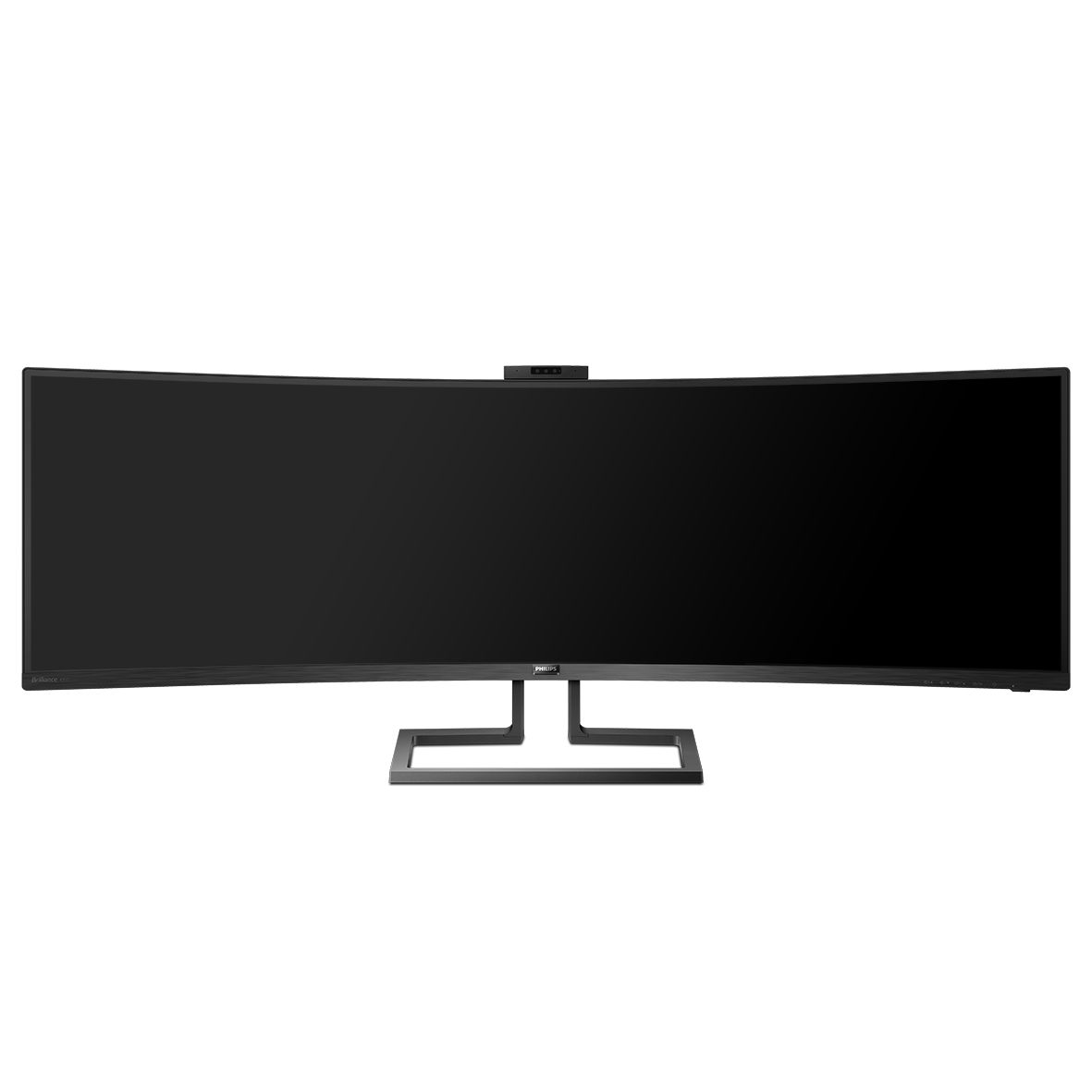Un monitor Philips nero ultra-largo con supporto rettangolare su sfondo bianco.