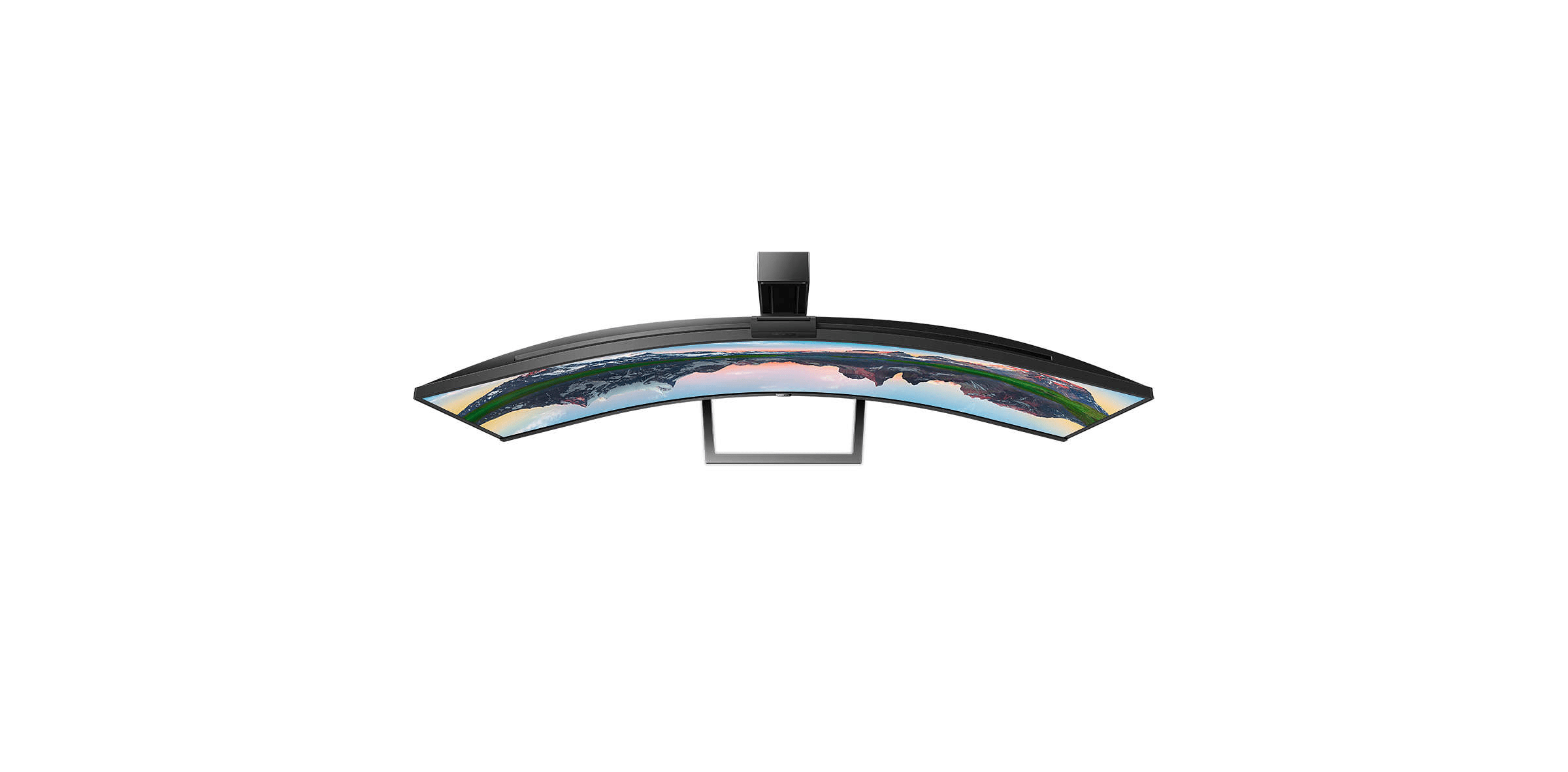 Vista dall'alto di un monitor nero curvo su un supporto argento su sfondo bianco.