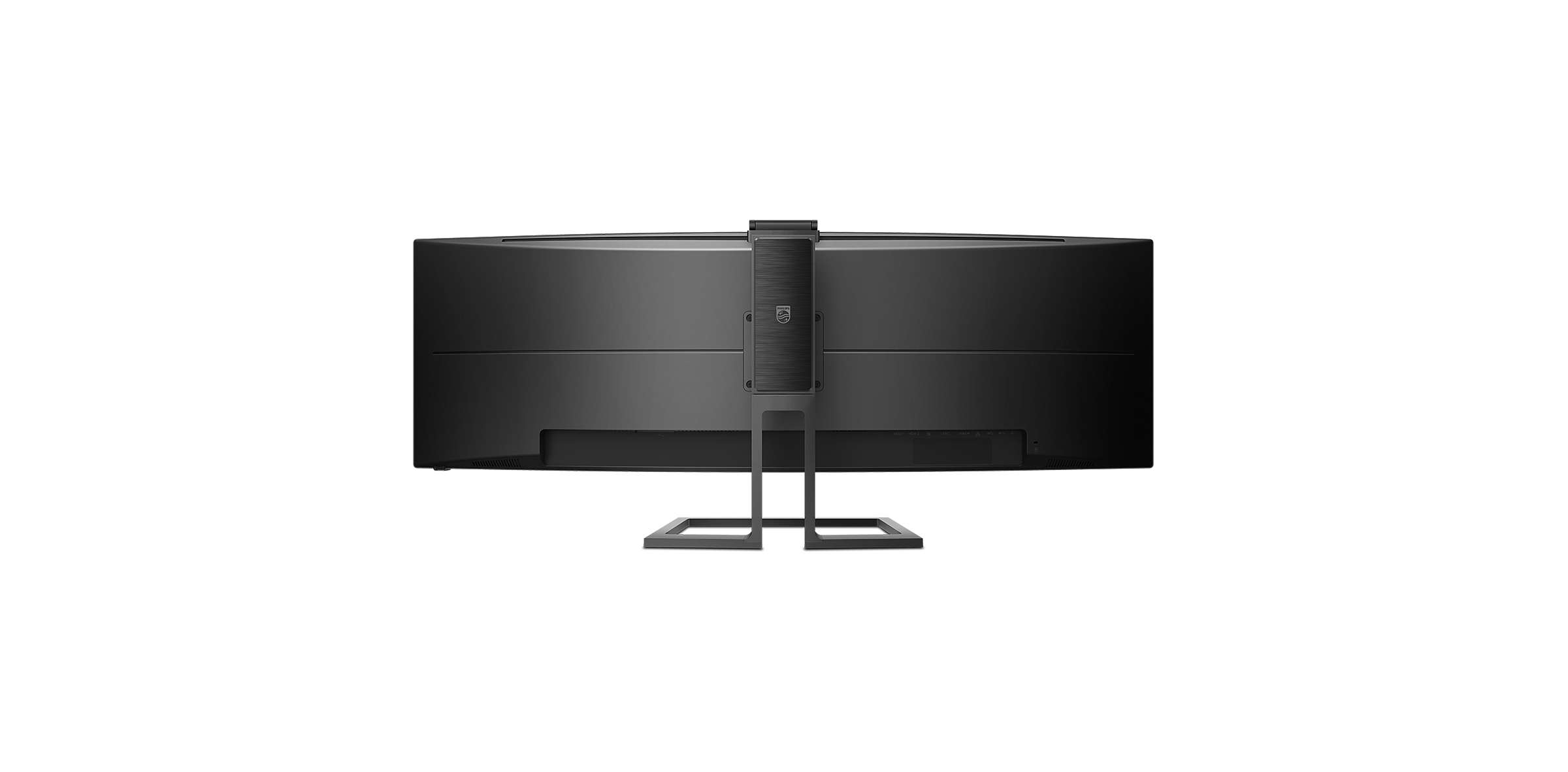 Vista posteriore di un monitor curvo ultrawide nero con il suo supporto su sfondo bianco.