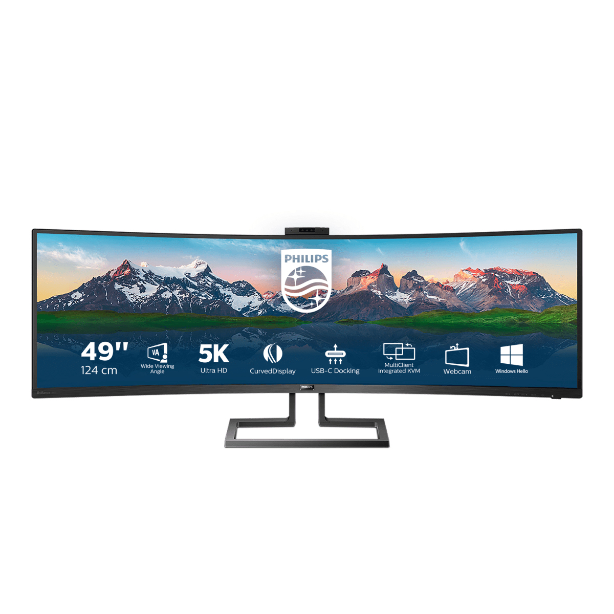 Un monitor Philips curvo da 49 pollici mostra un paesaggio montano e icone.