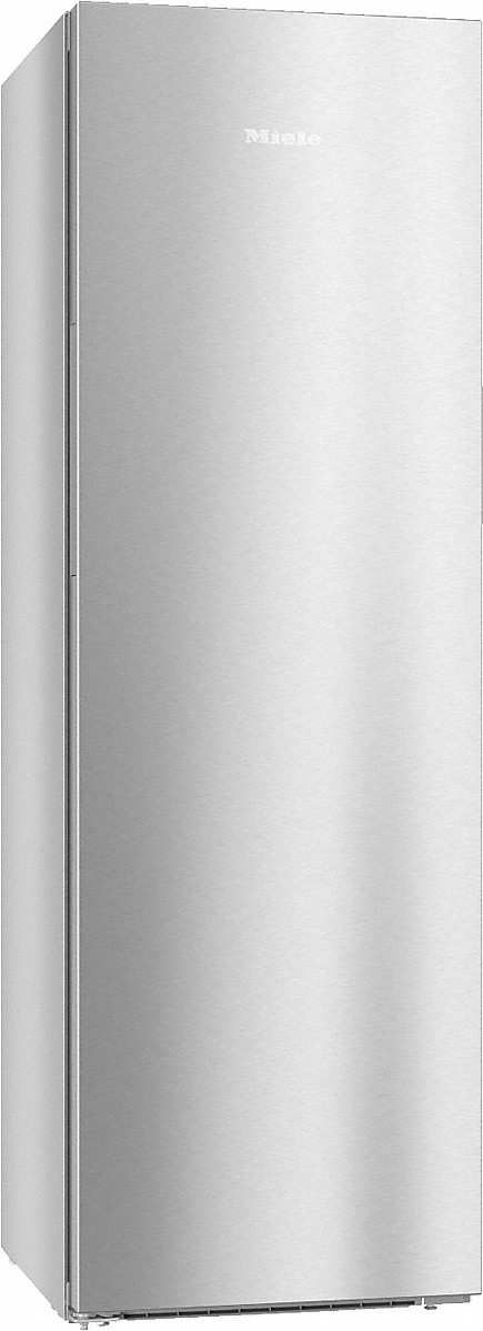 Silberner Miele-Kühlschrank. Groß und schlank, mit gebürsteter Metalloberfläche.