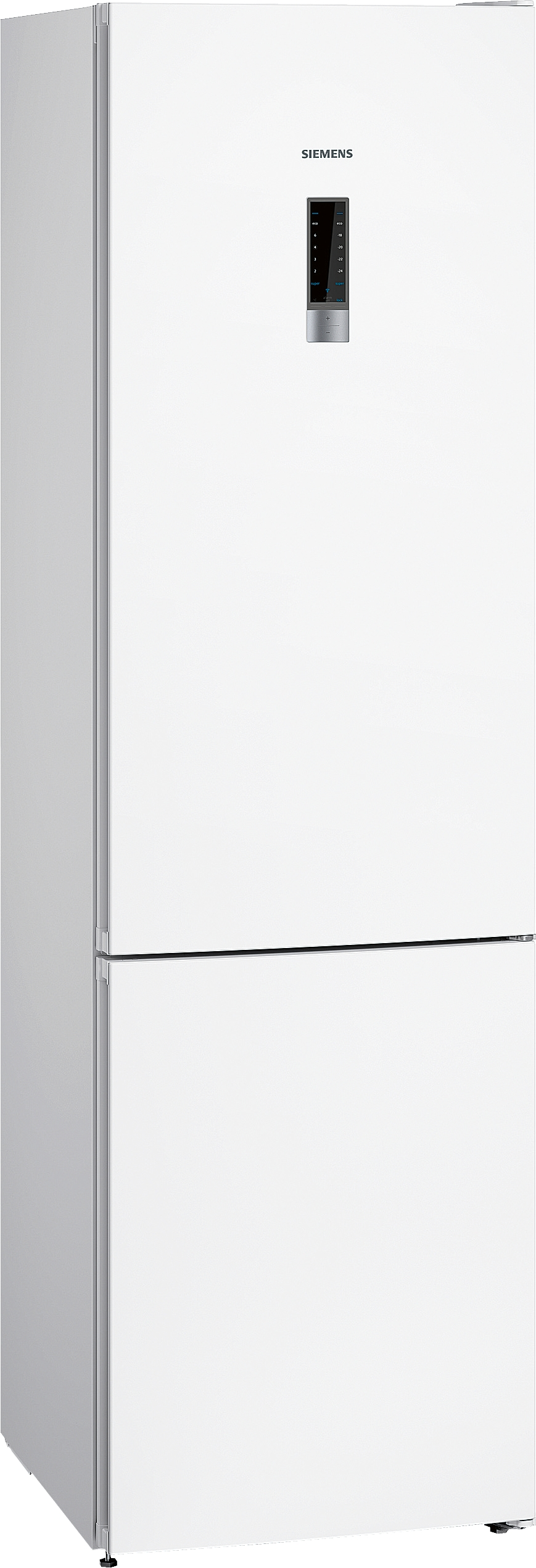 Refrigerador Siemens blanco con pantalla digital y dos secciones, la inferior es el congelador.