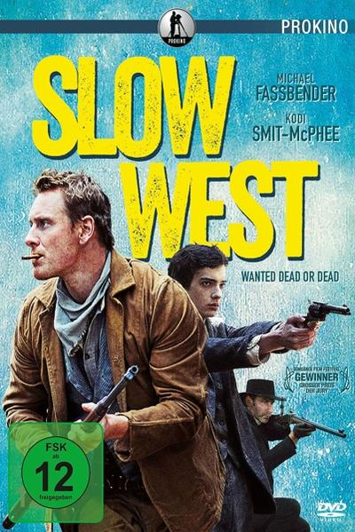 Filmposter mit zwei Männern und einer Frau, Titel 'SLOW WEST'.