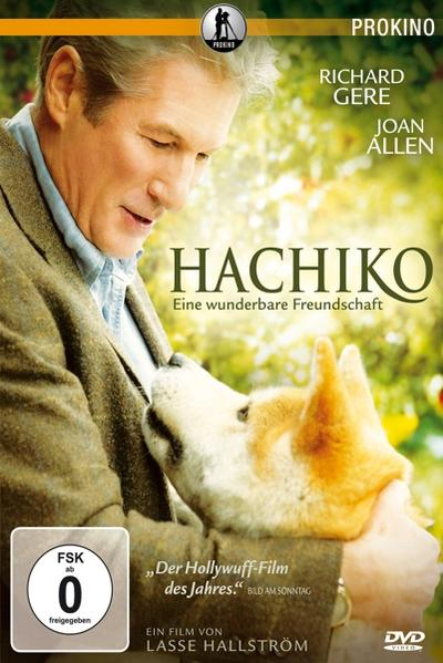 DVD-Cover für den Film 'Hachiko'. Richard Gere mit einem Hund, Text auf Deutsch und ein Label.