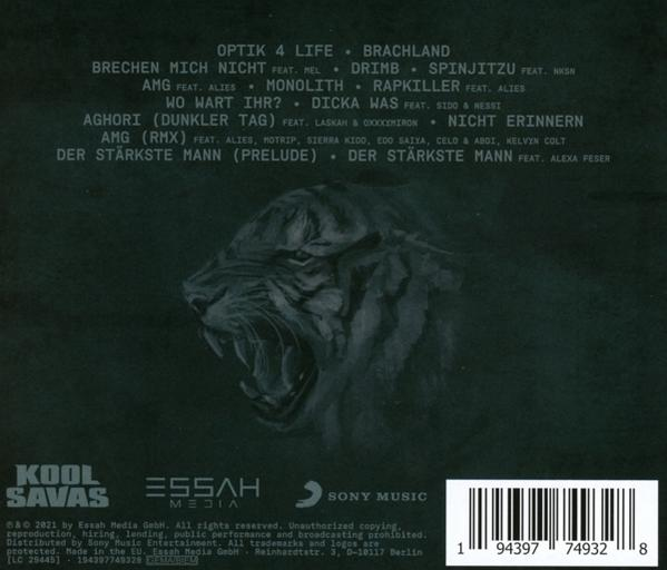 Rückseite einer CD-Hülle mit Tiger. Schwarzer Hintergrund, Text und Barcode.