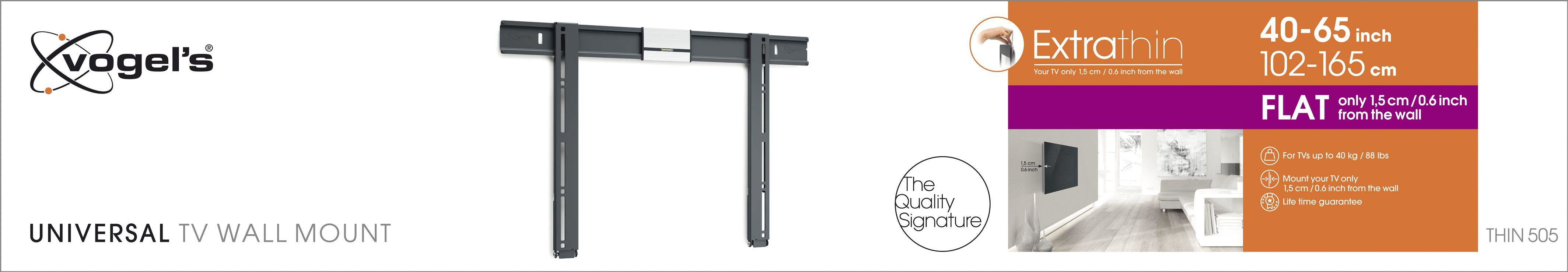 Tv-wandhouder. Zwarte metalen houder met specificaties, maat 40-65 inch en plat ontwerp.