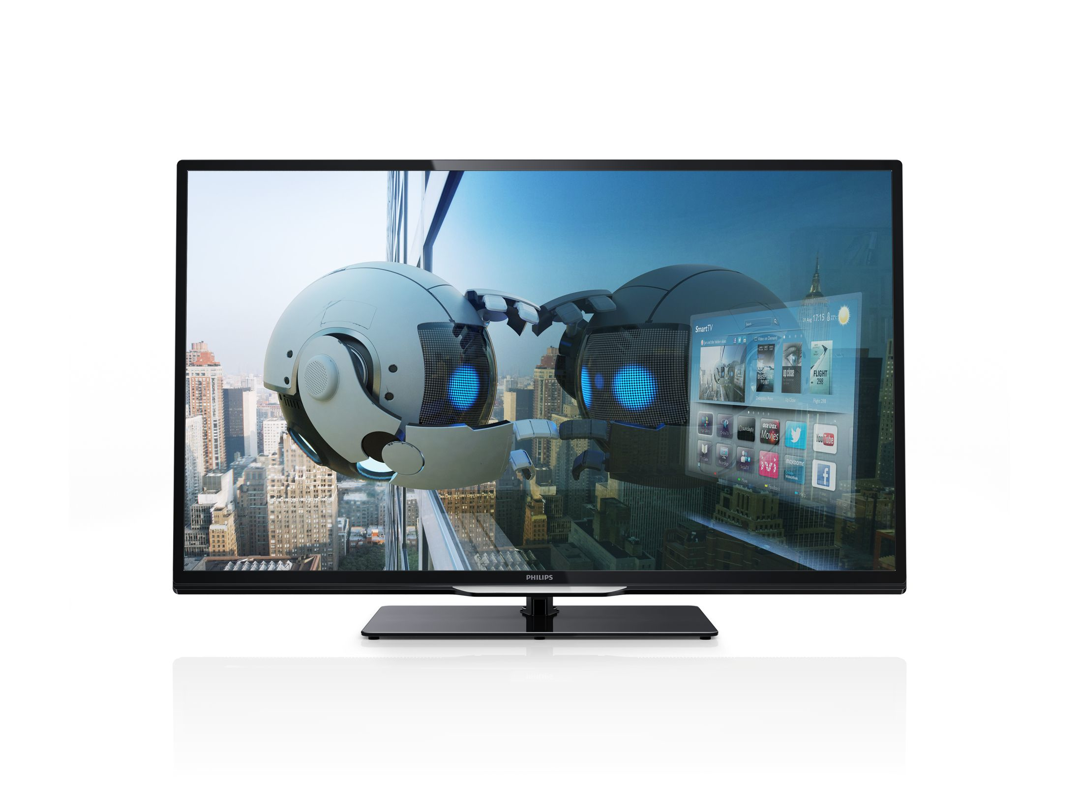 Un televisor de pantalla plana muestra una imagen futurista de un paisaje urbano con un orbe robótico.