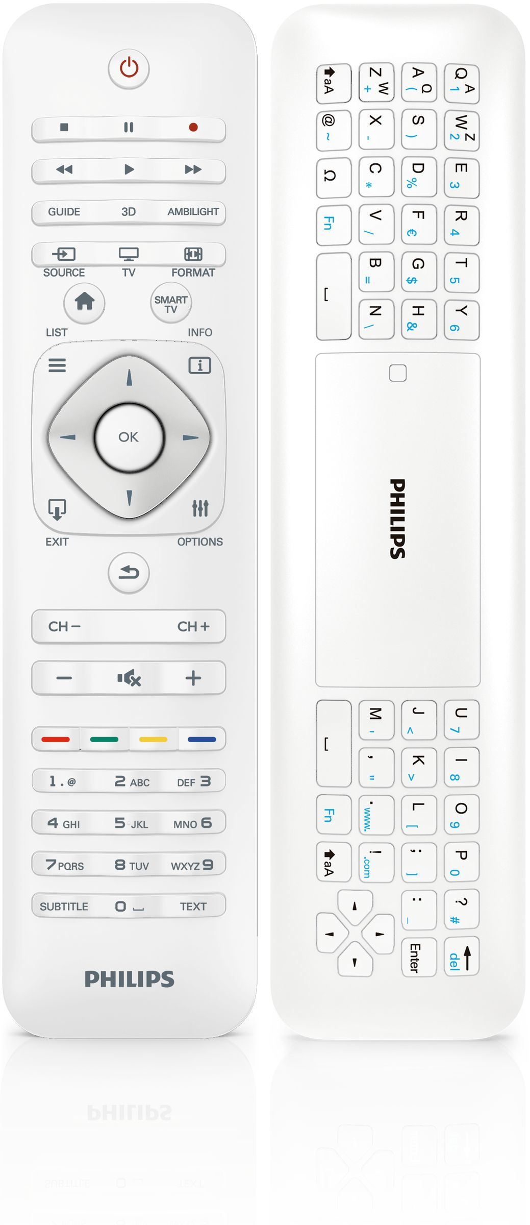 Mando a distancia blanco Philips con botones y teclado. Diseño simple y moderno.