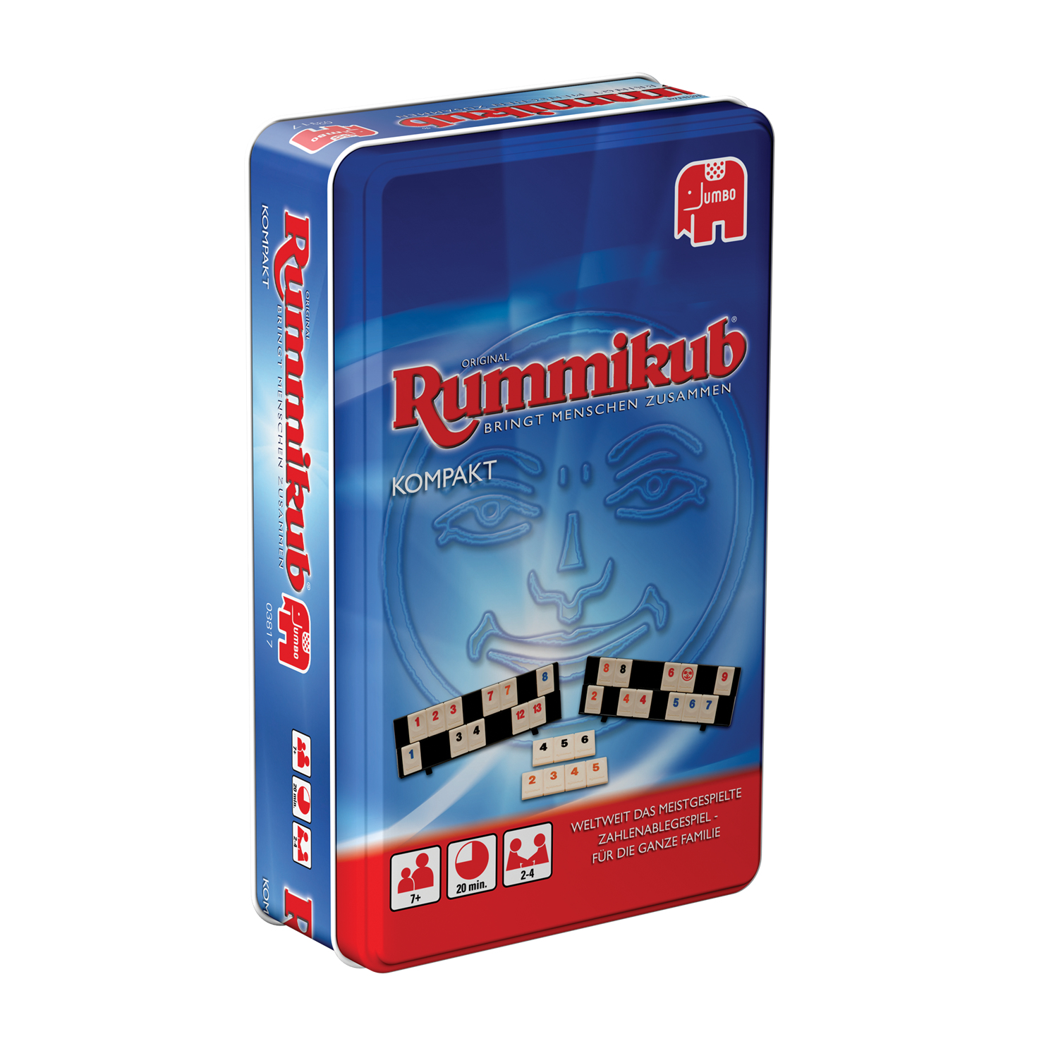Eine bunte Schachtel des Spiels Rummikub Kompakt, mit sichtbaren Spielsteinen.