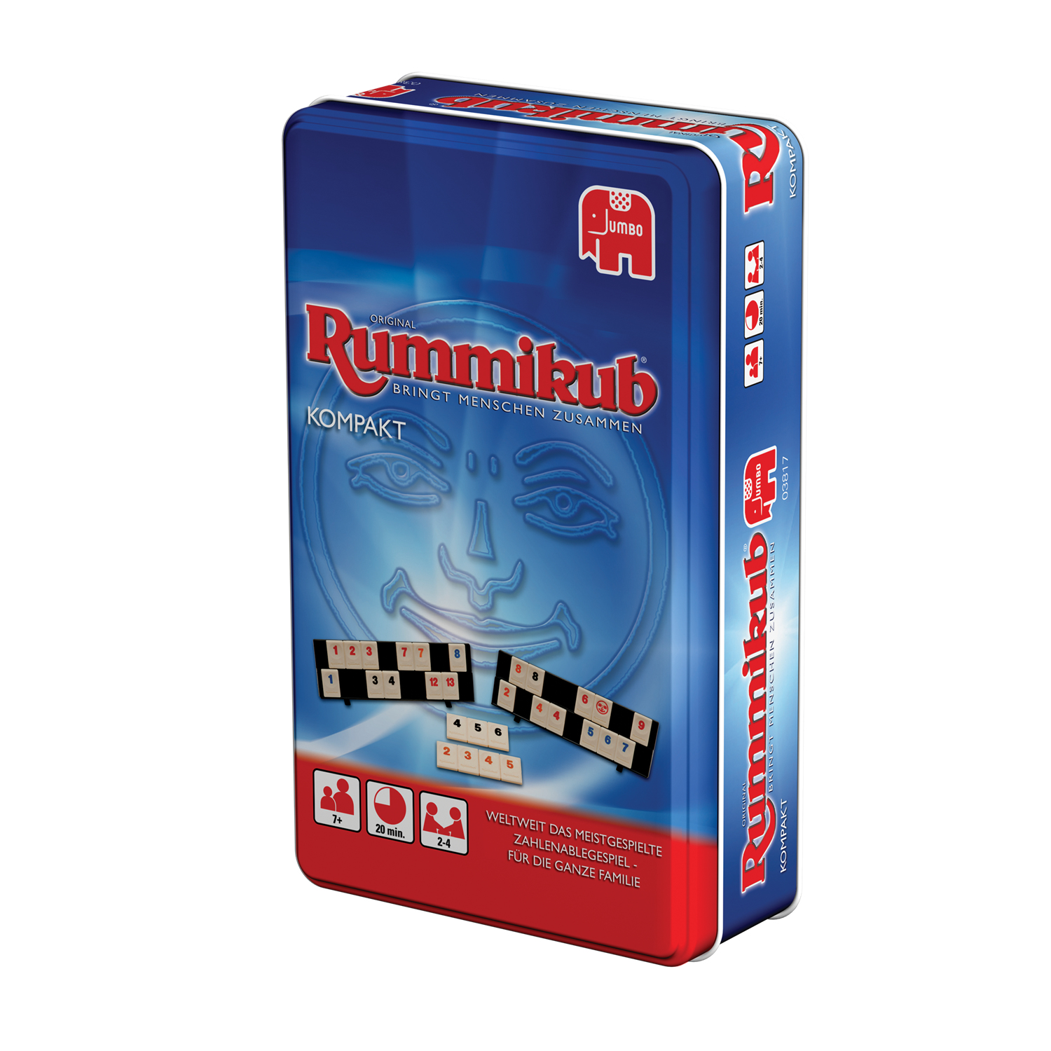 Die Rummikub-Spielbox ist rechteckig, blau und rot, mit Spielsteinen und Anweisungen.