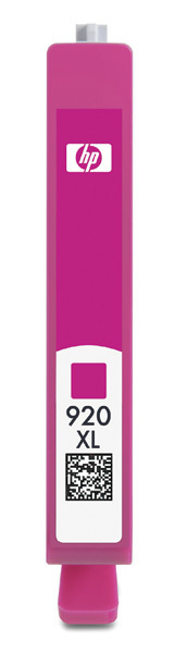 Magentarote HP 920XL Tintenpatrone mit Etiketten und QR-Code.