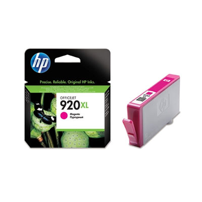 HP Officejet 920XL Magenta Tintenpatrone und Verpackung auf weißem Untergrund.