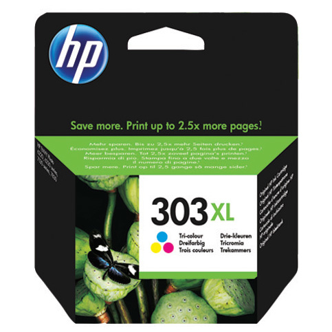 Eine HP 303XL Tintenpatronenverpackung mit einem Schmetterling und Lotusblumen darauf.