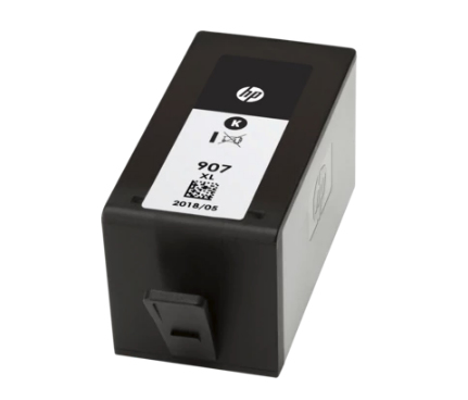 Schwarze HP 907XL Tintenpatrone auf weißem Hintergrund.