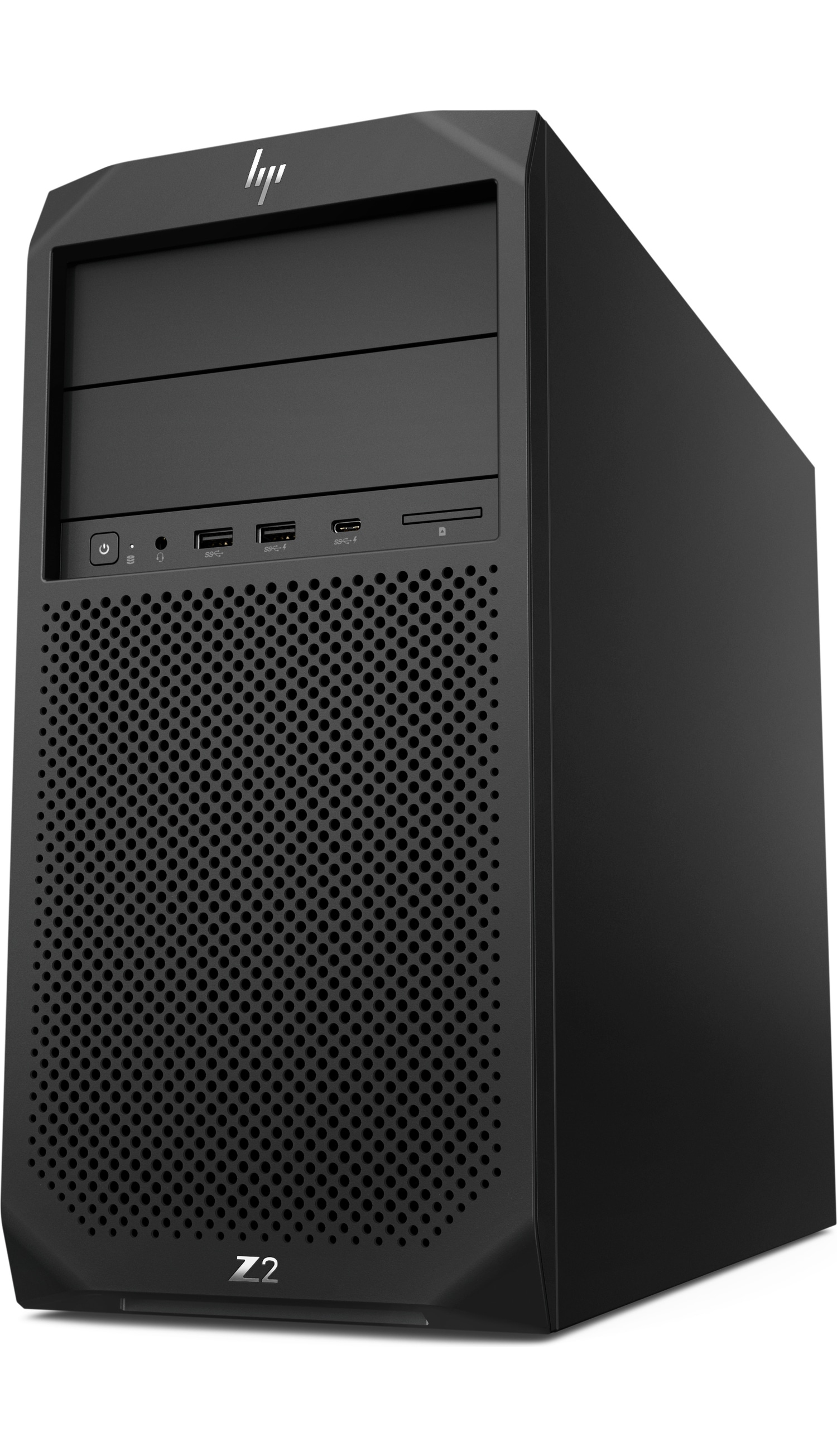 Ein schwarzer HP Z2 Workstation-Computer mit Frontansicht und Details.
