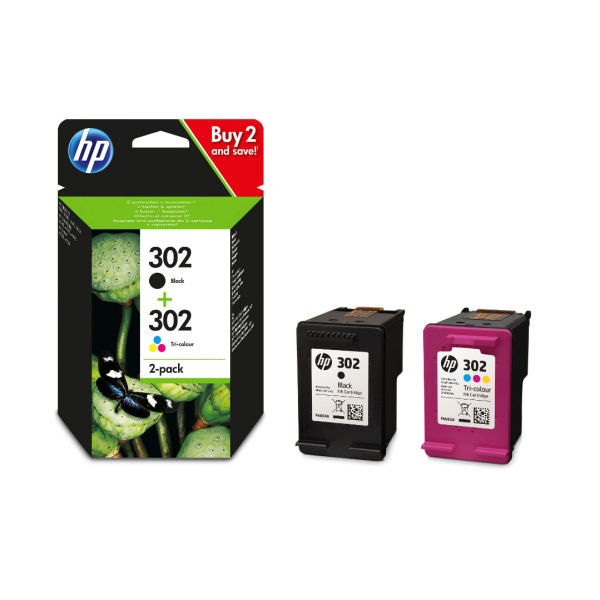 HP 302 Tintenpatronen, schwarz und dreifarbig, mit Lotusblumen-Bild.