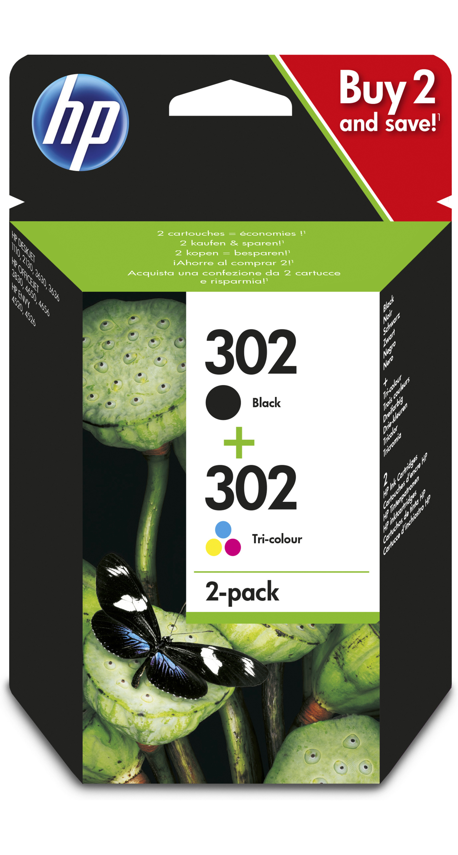 Eine Box mit 2 HP 302 Tintenpatronen, mit einem Bild einer Lotusblume.