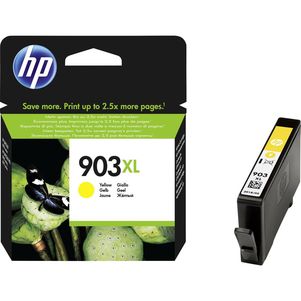 Gelbe HP 903XL Tintenpatrone in ihrer Verpackung.