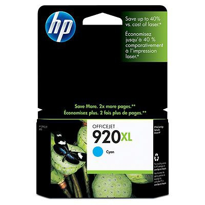 HP Officejet 920XL Cyan Tintenpatrone, mit blauem Schmetterling auf grüner Pflanze.