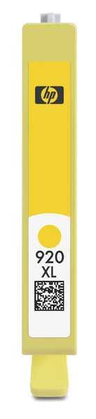 Eine gelbe HP 920XL Tintenpatrone mit schwarzem HP-Logo. Die Patrone steht aufrecht.