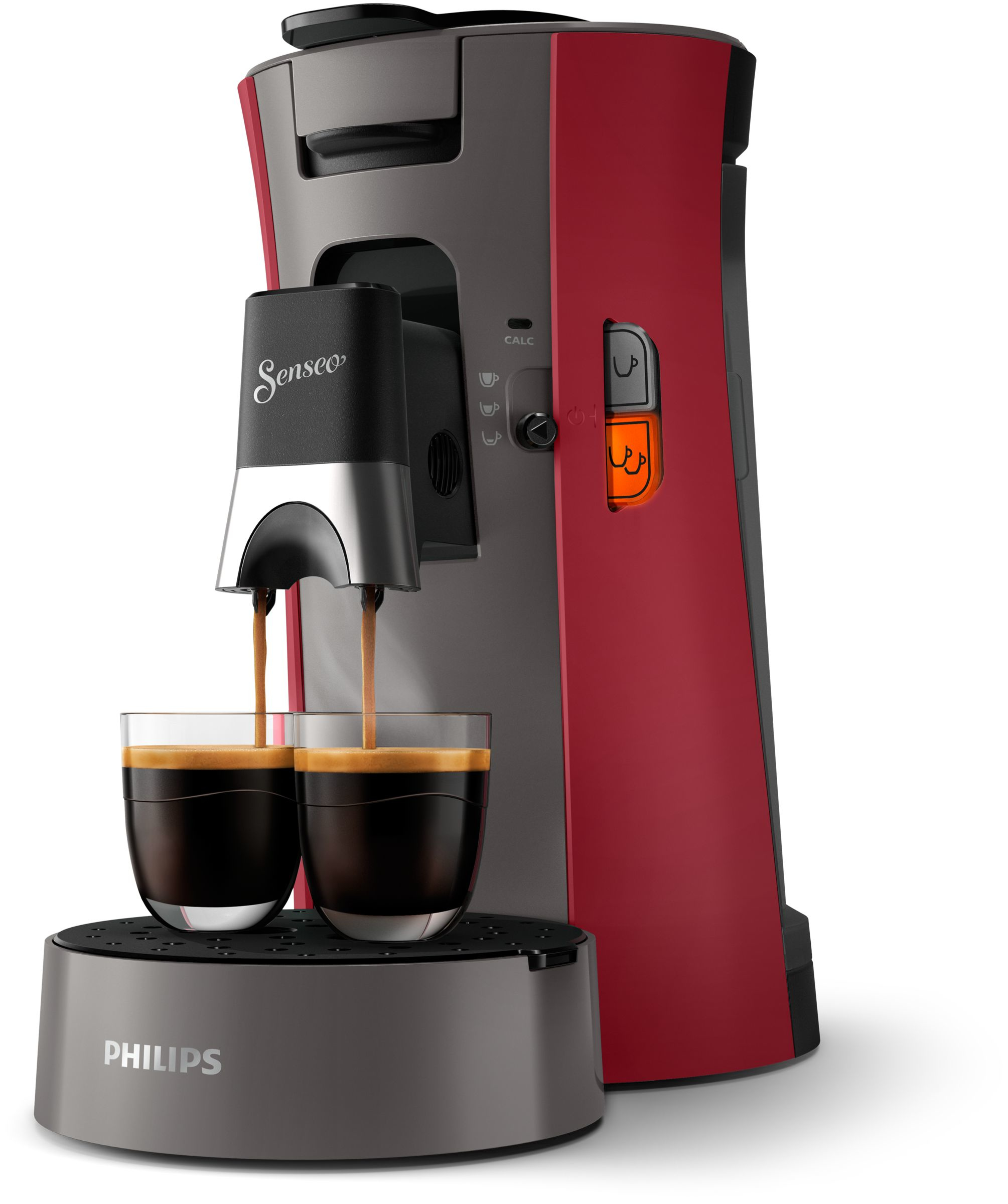 Red and gray Philips Senseo coffee machine. Two glass cups are under the spout, coffee pouring.