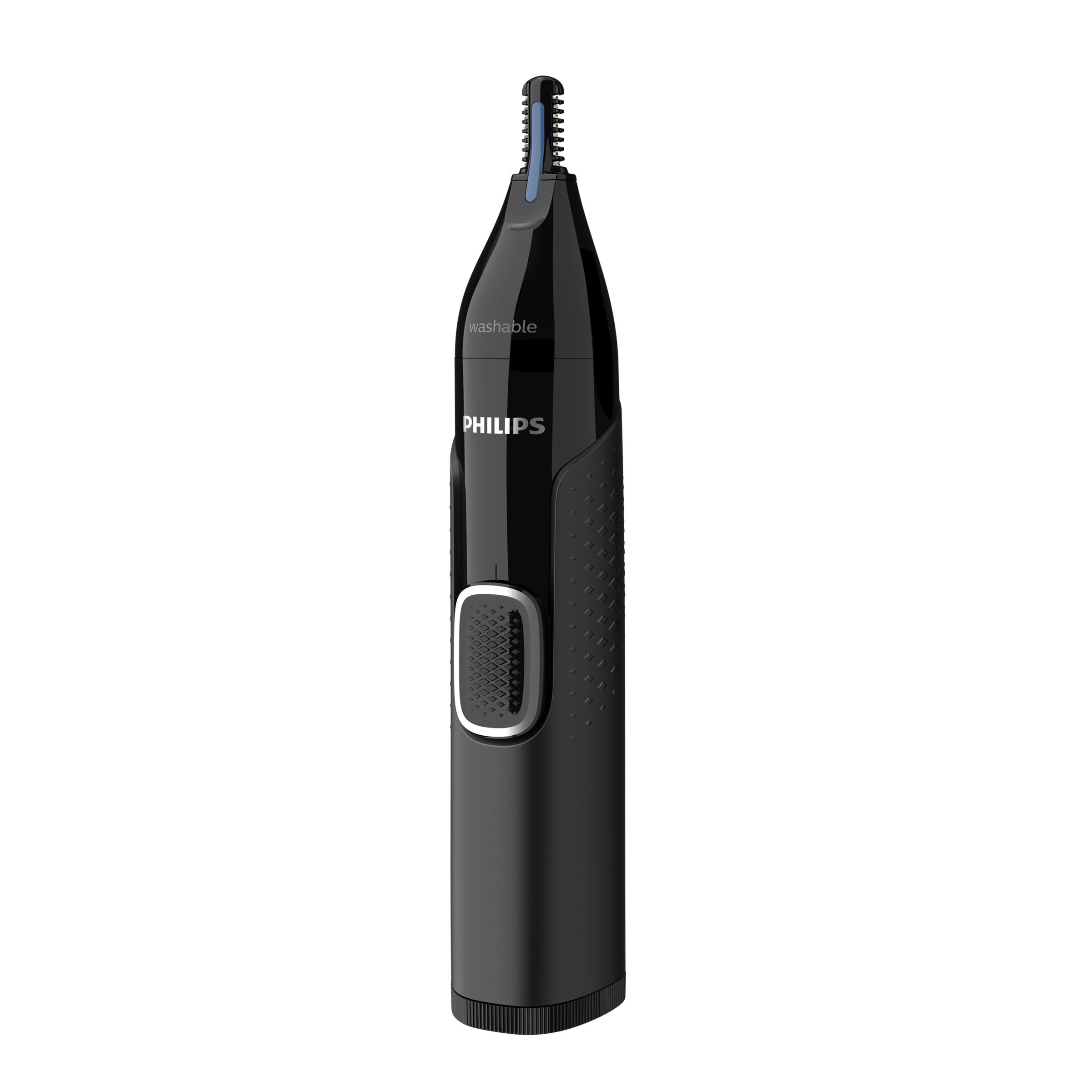 Zwarte Philips neustrimmer. Het heeft een knop en de kop is om te trimmen. Het woord wasbaar is gedrukt.