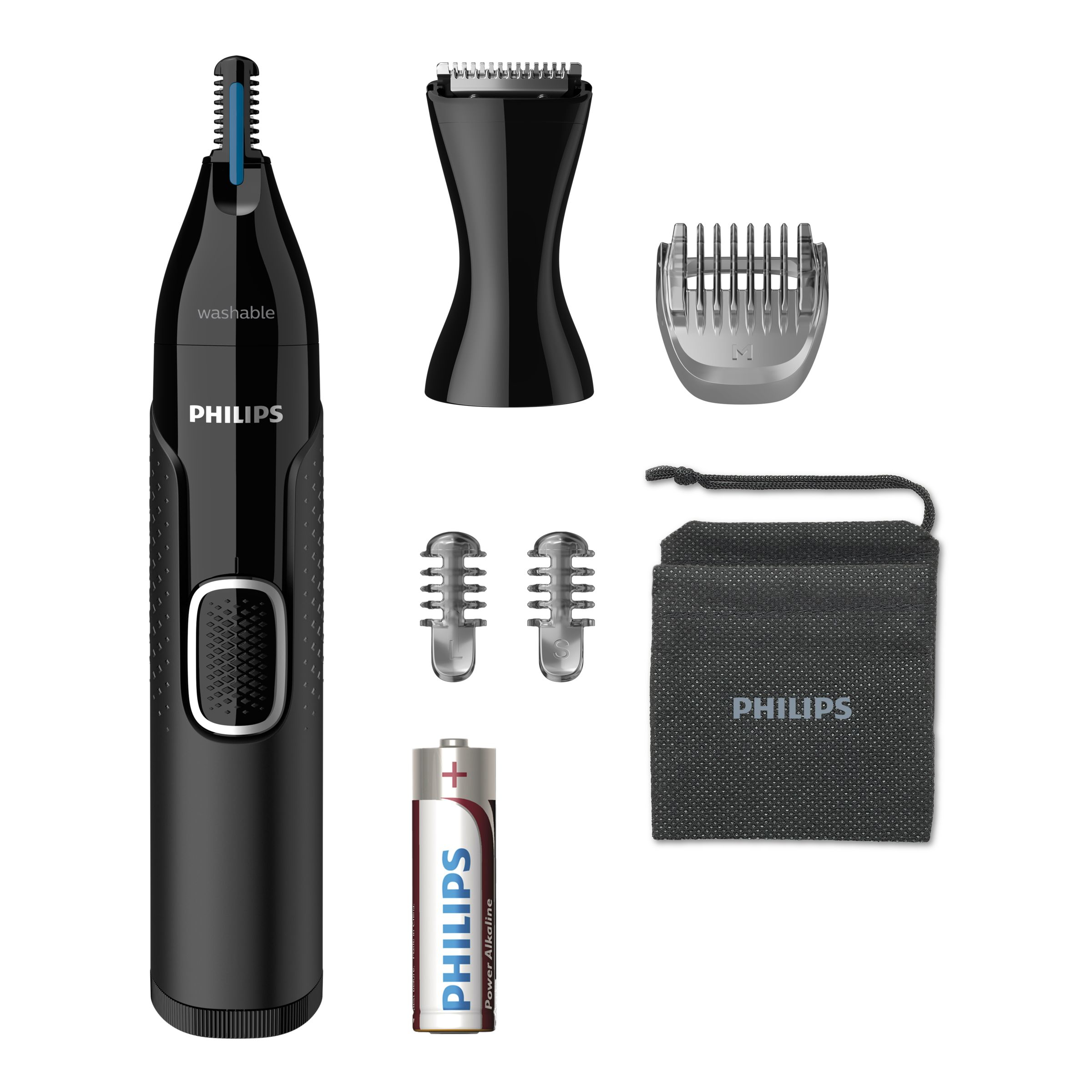 Zwarte Philips neustrimmer met opzetstukken: trimmertop, twee mesjes, een zak en een batterij.