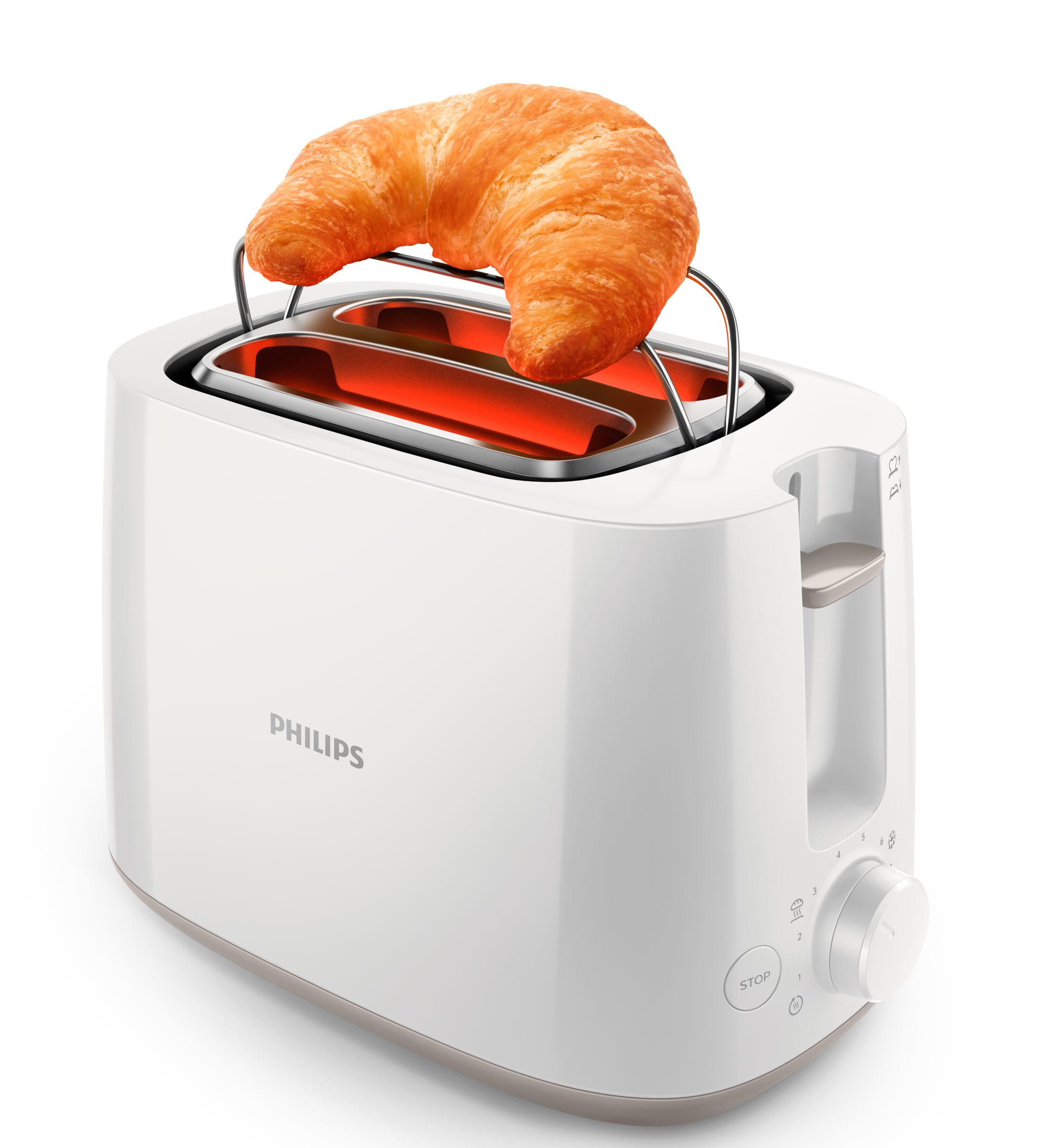 Witte Philips broodrooster met een croissant erop.