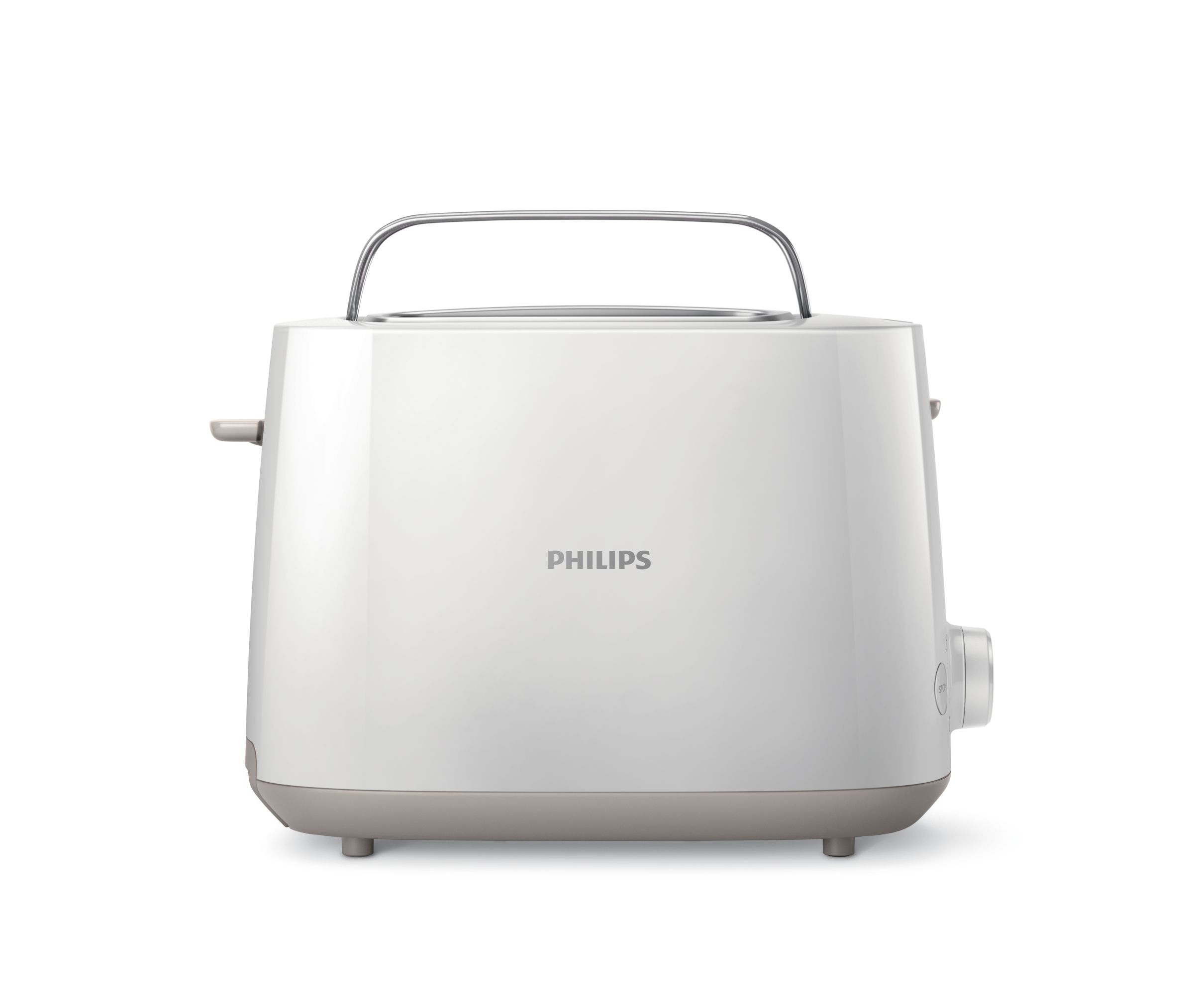 Een witte Philips broodrooster met een grijze voet en handvat, op een witte achtergrond.