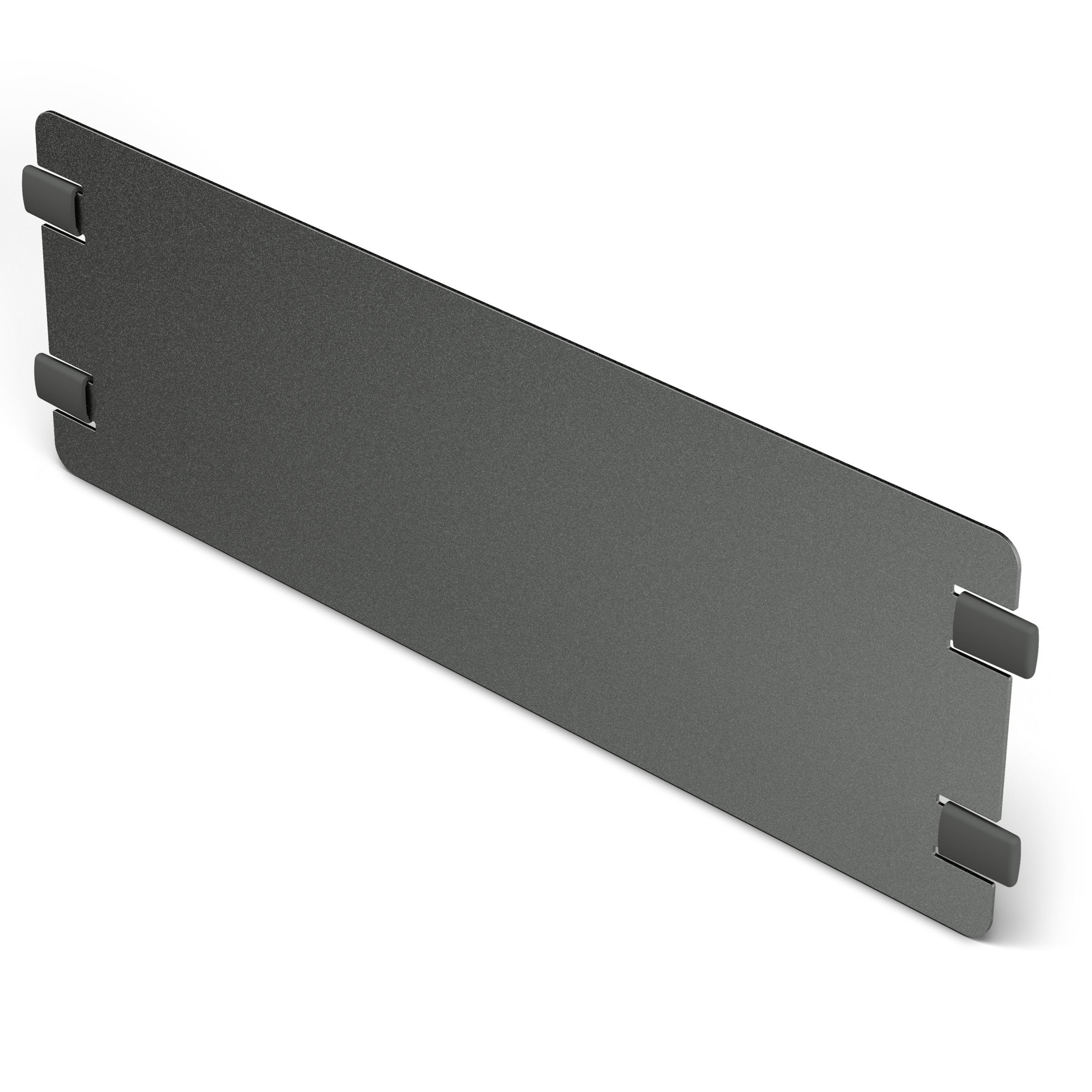 Une plaque métallique rectangulaire gris foncé avec deux clips en plastique noir.