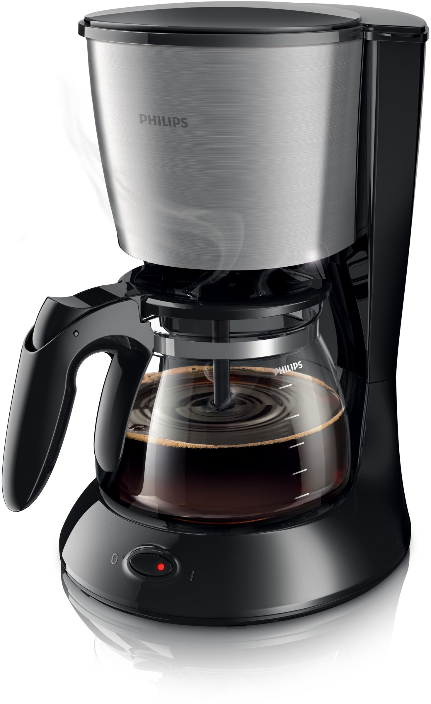 A coffee maker with steam rising from the carafe.