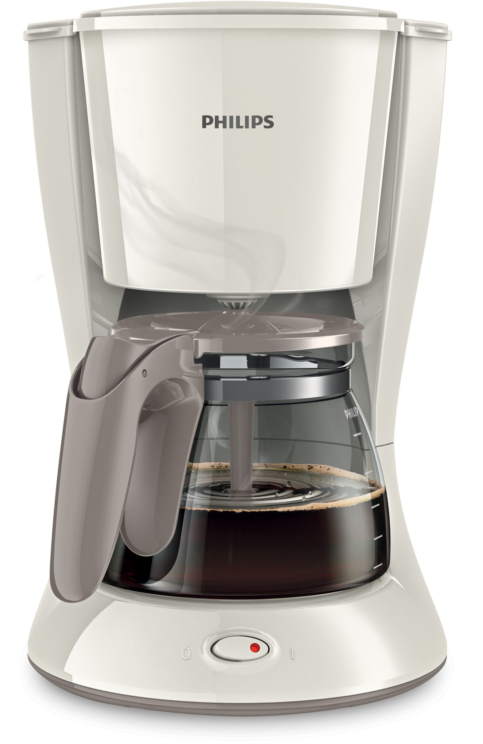 A white Philips coffee maker with a glass carafe.
