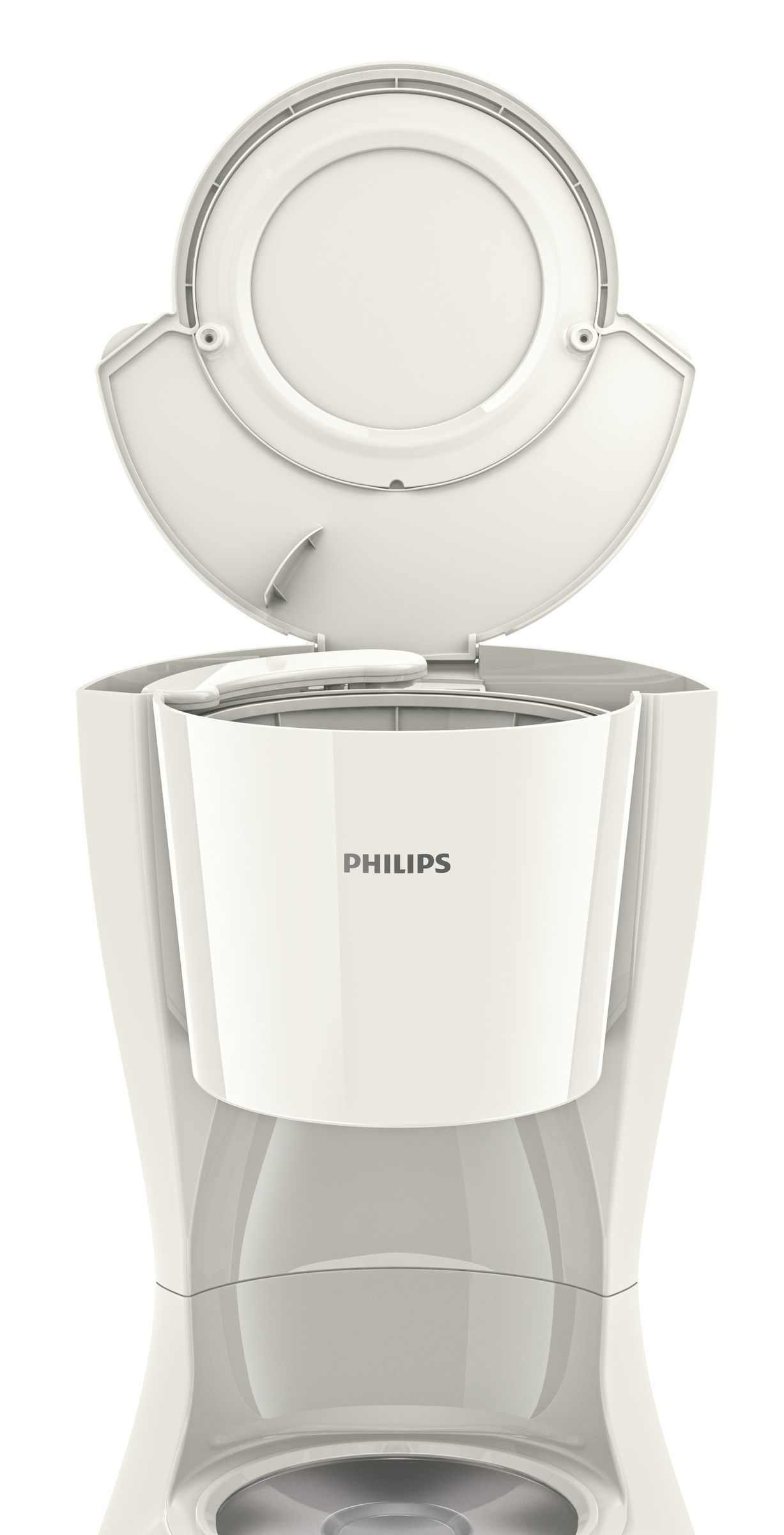 White Philips coffee maker with the lid open, showing inside.