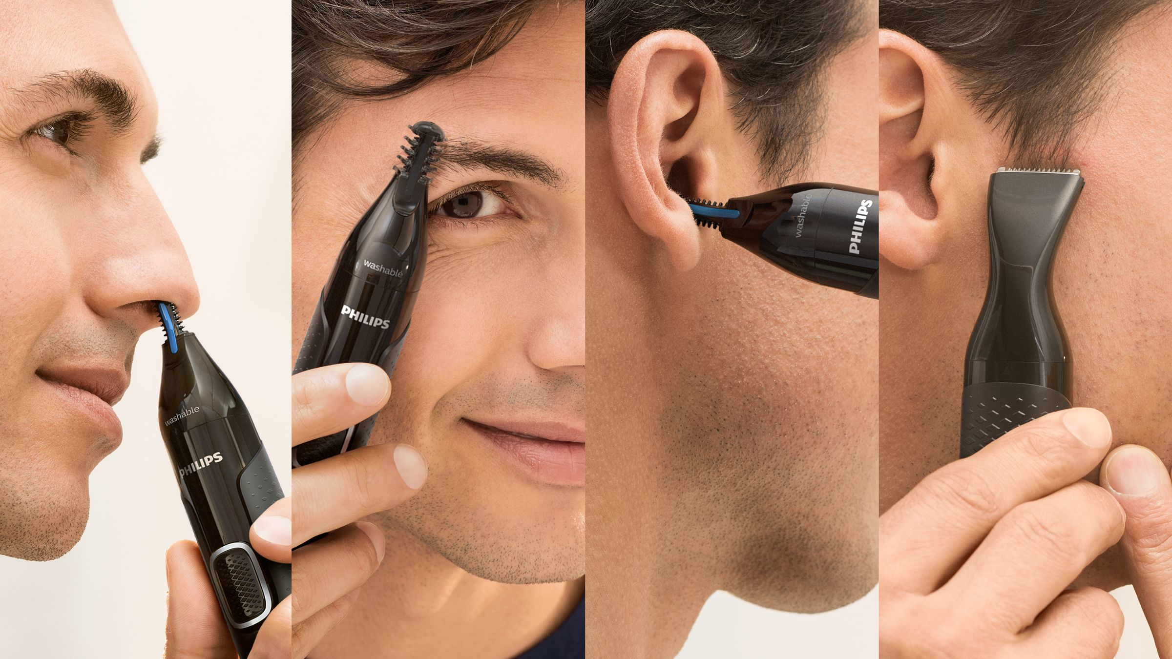 Images montrant l'utilisation d'une tondeuse nasale Philips sur un homme.