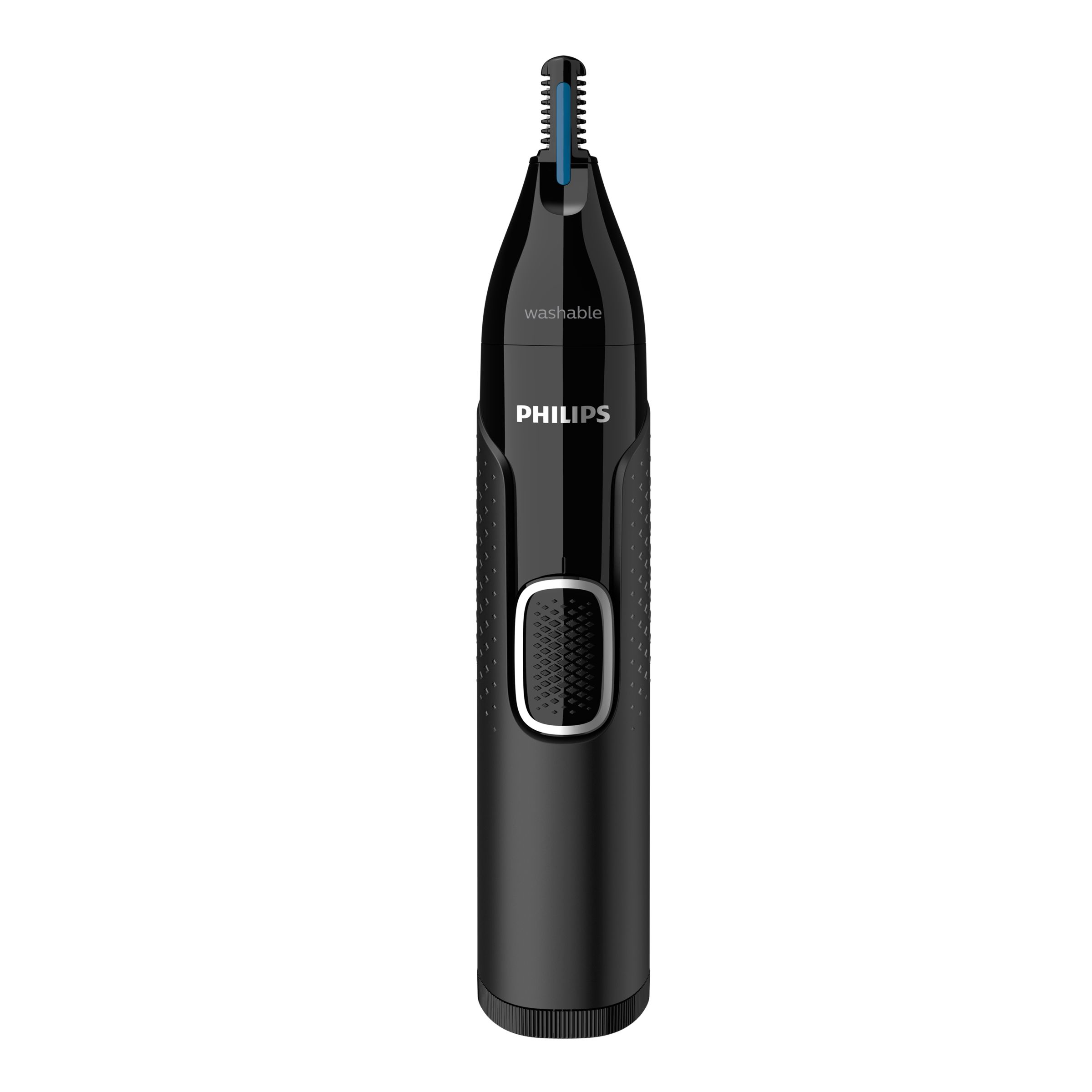 Tondeuse nasale Philips noire avec une tête de coupe bleue, verticale.