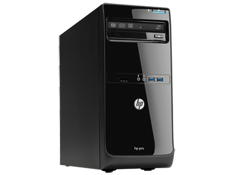 Siyah HP Pro masaüstü bilgisayar. Ön paneli bağlantı noktaları ve bir disk sürücüsüyle gösterir.