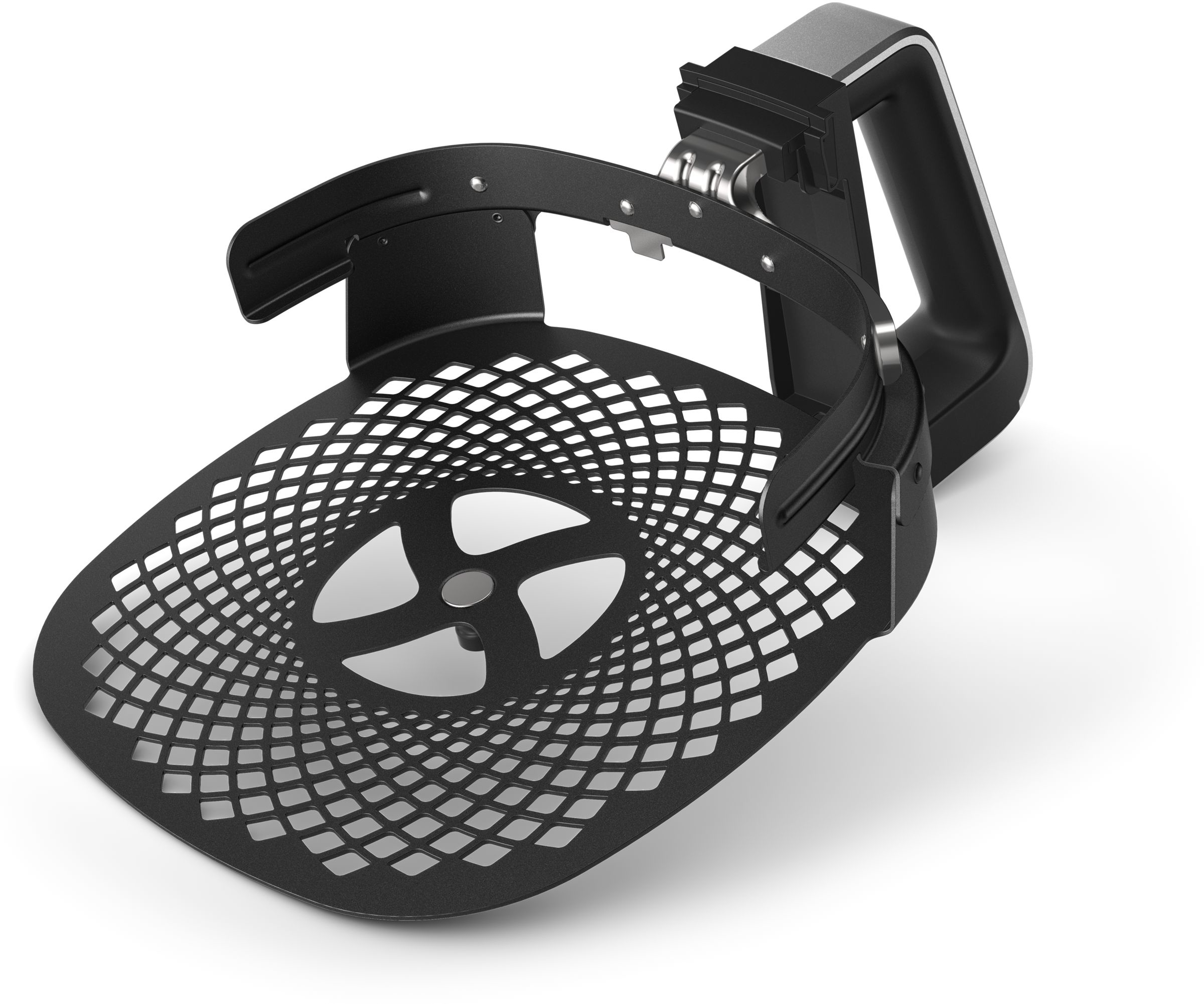 Black air fryer basket with a mesh bottom and a handle, on a white background.