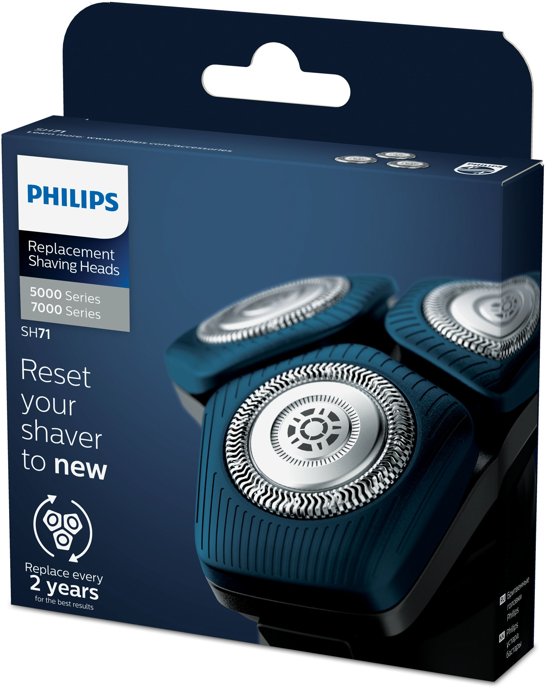 Philips shaving heads replacement box, blue and white, with shaver heads.