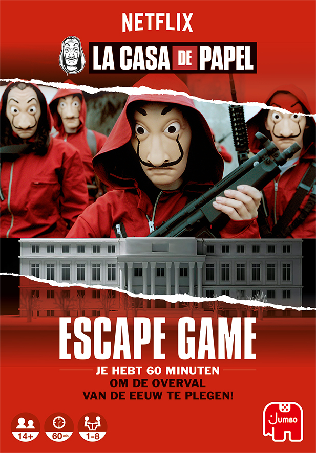 Poster voor Money Heist escape game. Toont gemaskerde figuren, een gebouwmodel en tekst: Escape Game.