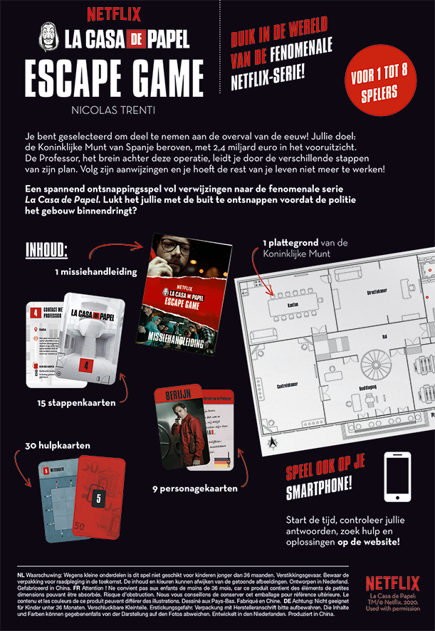 Poster voor La Casa de Papel escape game. Bevat spelonderdelen zoals kaarten en een gebouwplattegrond. Netflix-logo aanwezig.