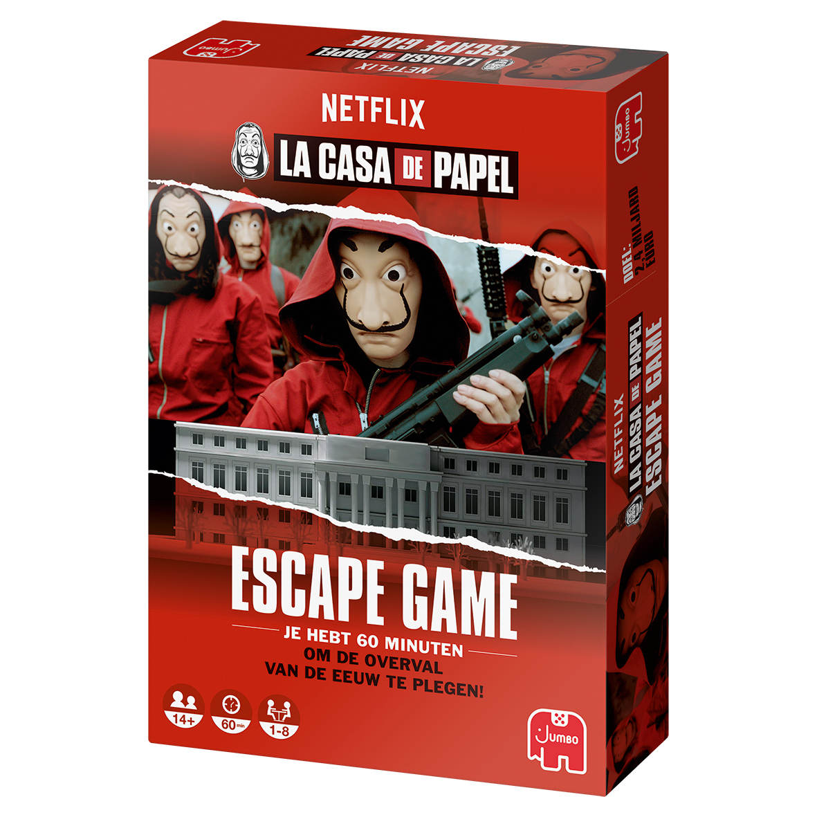 De doos toont het thema 'La Casa de Papel'. Mensen in rode pakken en Dali-maskers houden wapens vast. Het spel is een escape game.