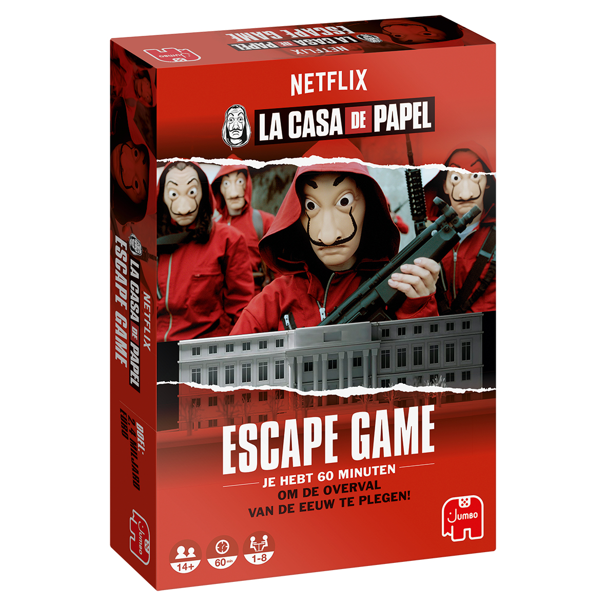 De speldoos toont personages in rode overalls en Dali-maskers met een pistool. De titel is 'Escape Game'. De achtergrond toont een gebouw.