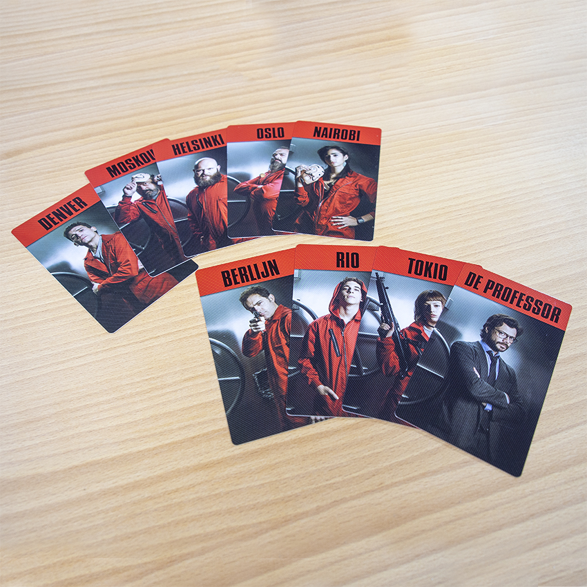Kaarten met personages uit La Casa de Papel. Denver, Moskou, Helsinki, Oslo, Nairobi, Berlijn, Rio, Tokio en De Professor.