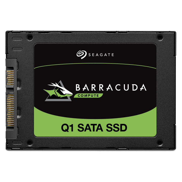 Seagate Barracuda Q1 SATA SSD in schwarzem Gehäuse, grün-schwarzes Etikett.