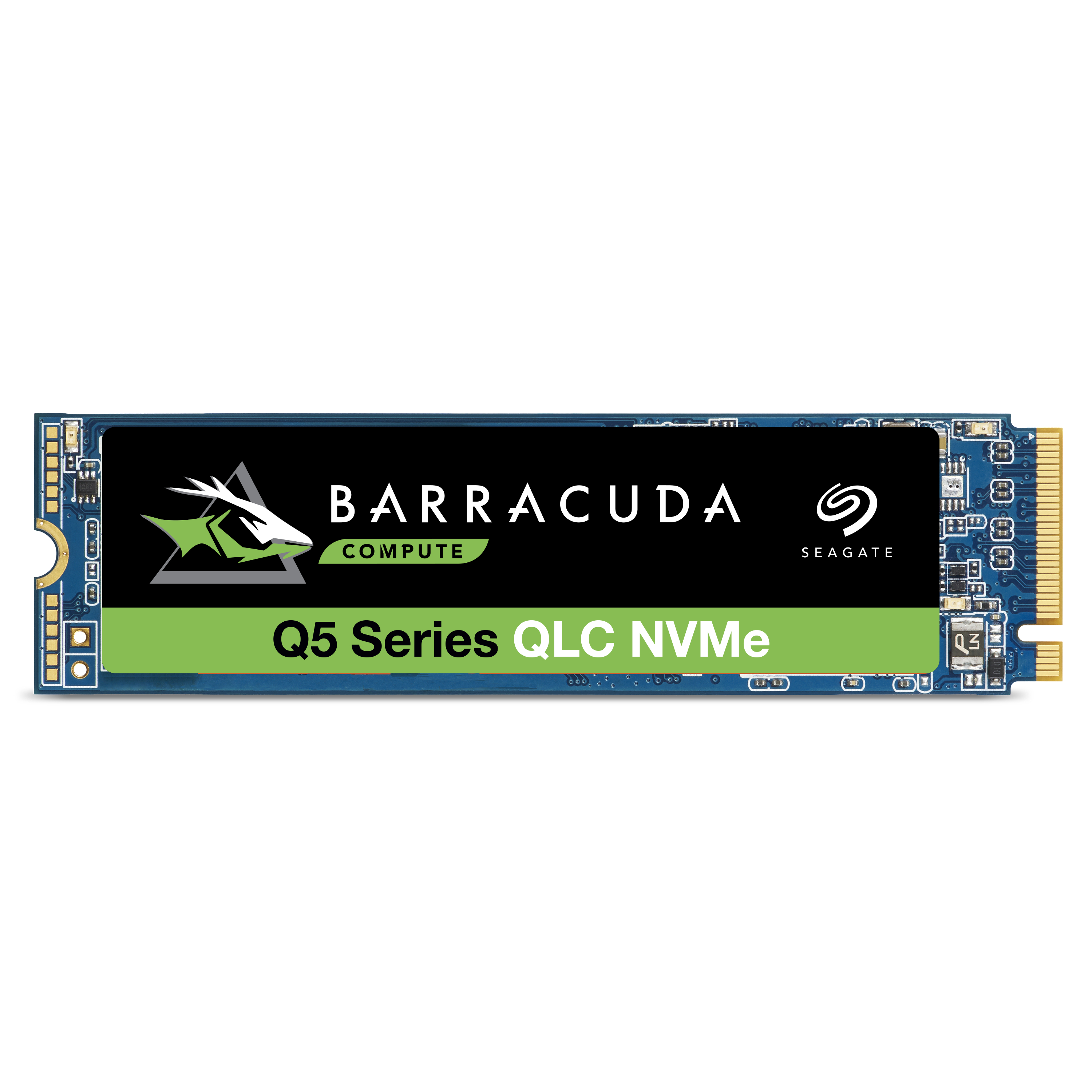 Eine blaue und schwarze SSD mit grünem Text 'Q5 Series QLC NVMe' und 'BARRACUDA' Logo.