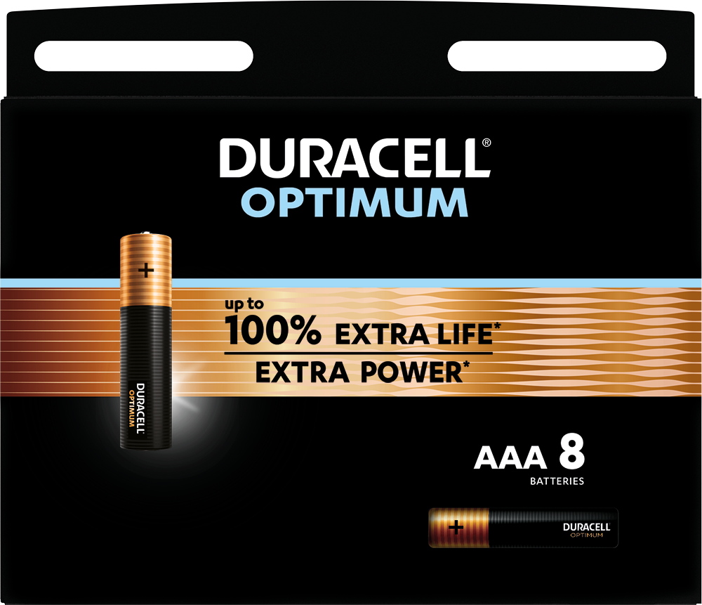 Zwarte doos met Duracell Optimum batterijen. Bevat 8 AAA-batterijen. Tekst luidt 'EXTRA POWER'.