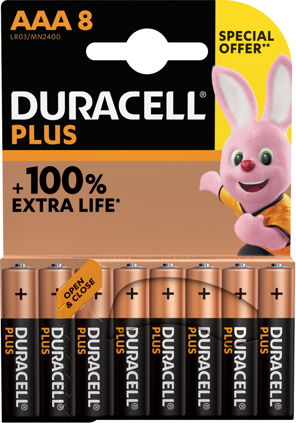 Verpakking Duracell Plus batterijen met een roze konijn en tekst.