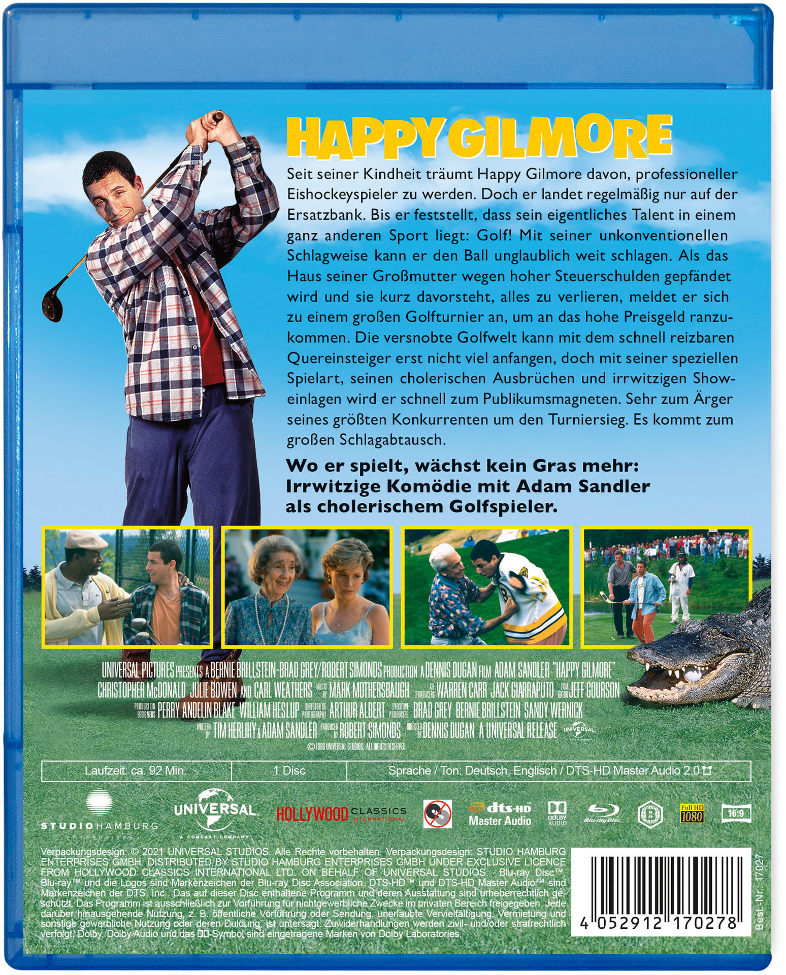 Rückseite der Happy Gilmore Blu-ray-Hülle mit Adam Sandler auf dem Cover und Text auf Deutsch.